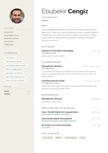 Sınıf Öğretmeni Cv Örnekleri cv indir